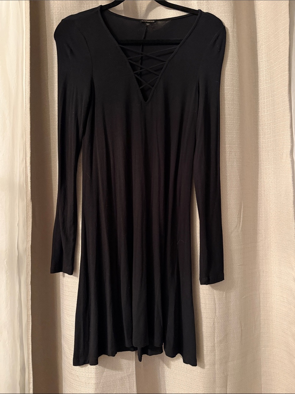 Express Black Long Sleeve V-Neck Dress with Crisscross Detail